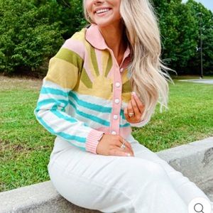 Baeverly Sunrise Landscape Cardigan in Pink. Size Small. NWOT